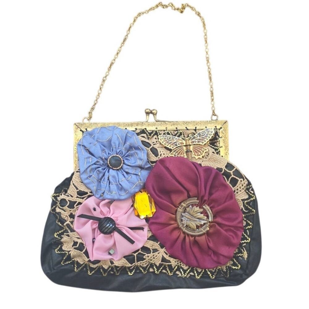 Vintage Sheila DeValia Black Cloth Clutch Floral Applique Evening Handbag OS